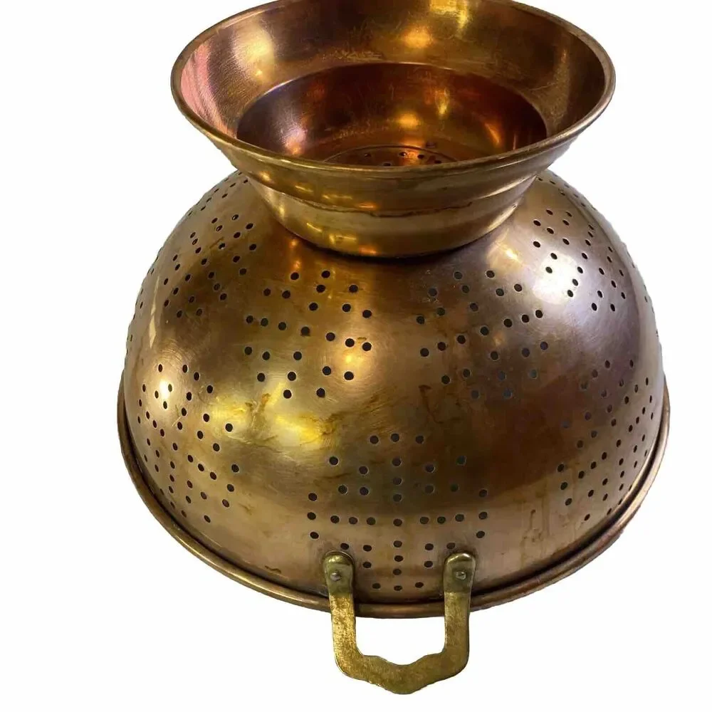 Antique Copper Strainer Colander 12” Riveted Brass Handles Pedestal Patina Korea